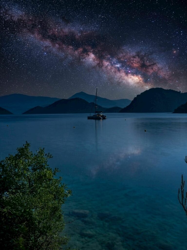 Starry night with Milky Way galaxy over tranquil lake, a boat silhouetted against serene mountains.